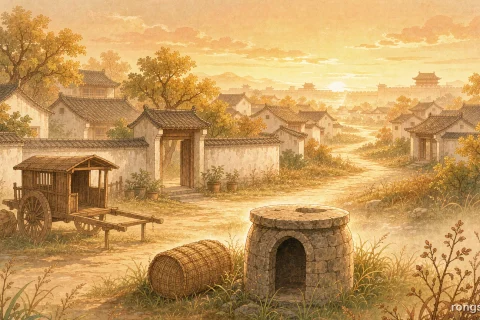 Illustration for a Chinese true crime story: an old stone well in tall grass at the edge of a Northern Song village at golden dawn, a wooden ox cart by a whitewashed wall, a bundle of cloth on the ground, with no people