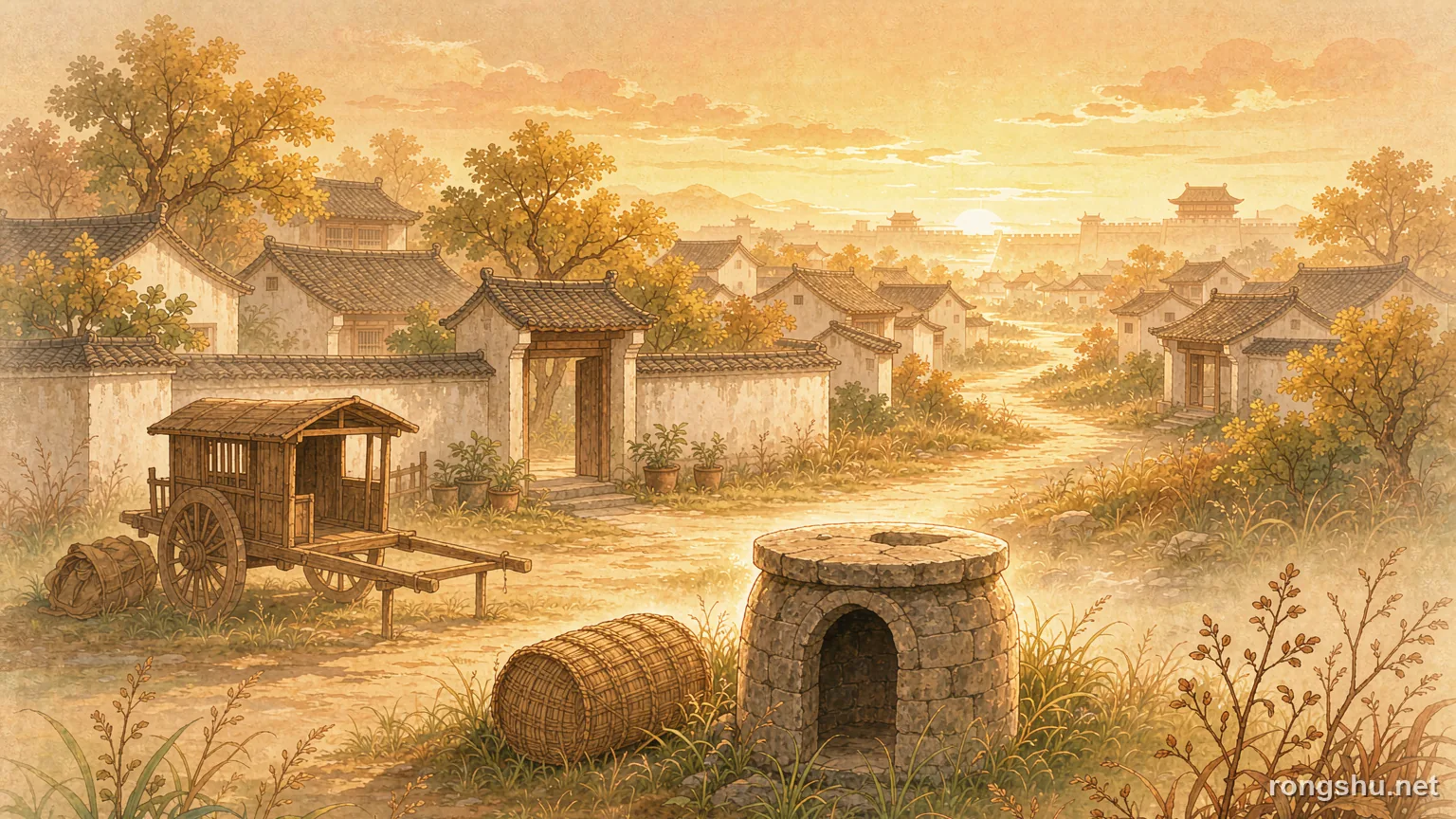 an old stone well in tall grass at the edge of a Northern Song village at golden dawn with a wooden ox cart - Chinese true crime illustration