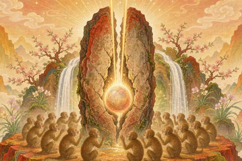 A tall weathered standing stone on a warm mountain summit splits down the middle and a round glowing egg shines from within, two golden beams rising into the sky, while a ring of small monkeys crouches at the base and white waterfalls veil a green cave mouth behind them - illustration for the Chinese myth of Sun Wukong born from a stone egg