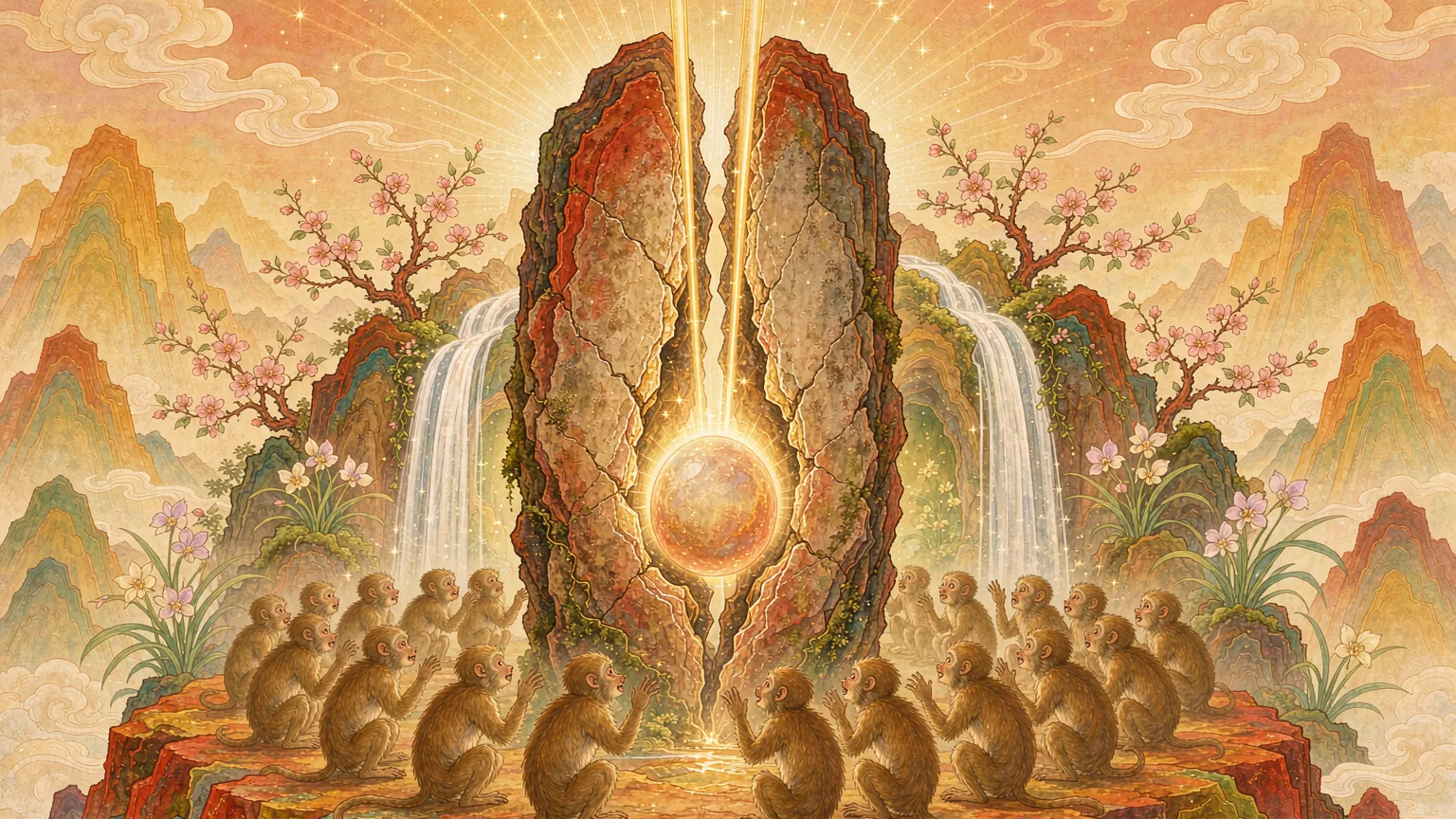 A stone splitting open on a mountain summit with a glowing egg inside - Chinese mythology illustration