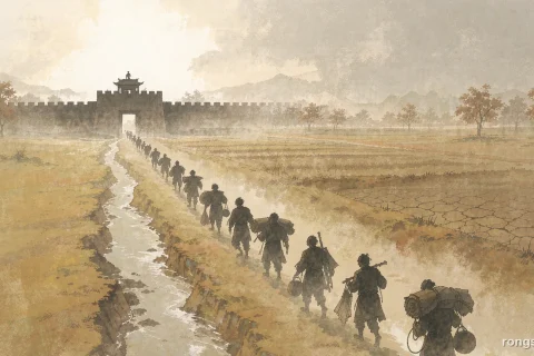 Illustration for a Chinese history story: a long line of drought refugees walking a dusty road toward a distant walled city gate, cracked dry fields on both sides, hazy pale sky