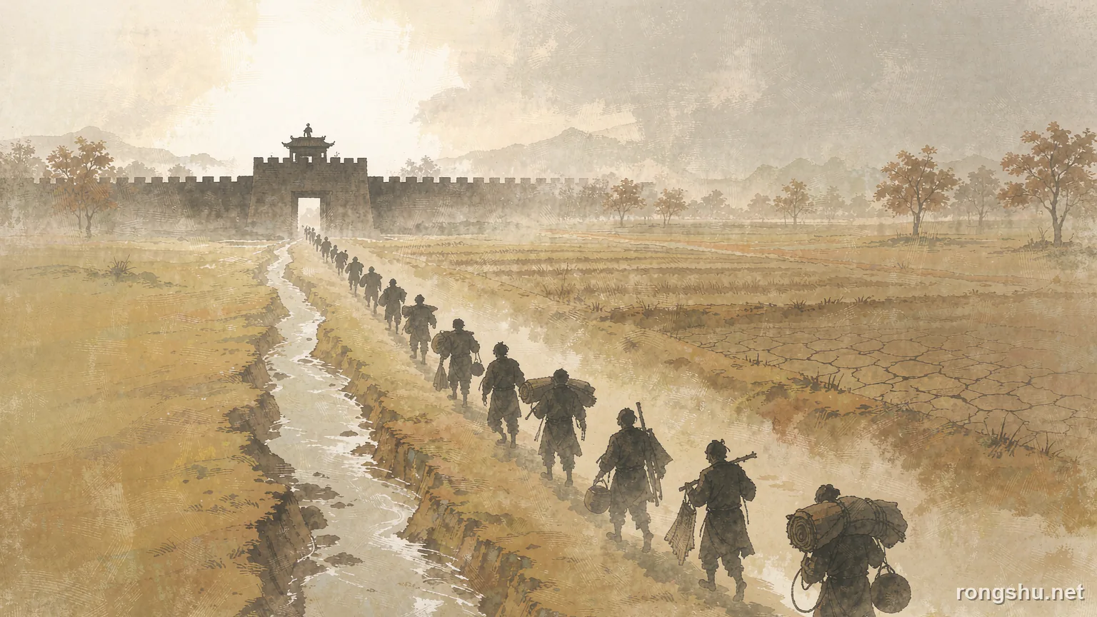 A line of drought refugees on a road toward a walled city - Chinese history illustration