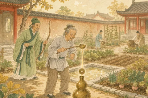 In a sunny Song dynasty garden an old oil seller pours a thin stream of oil through the square hole of a copper coin on a gourd, as a robed archer watches in surprise - illustration for the Chinese idiom shu neng sheng qiao