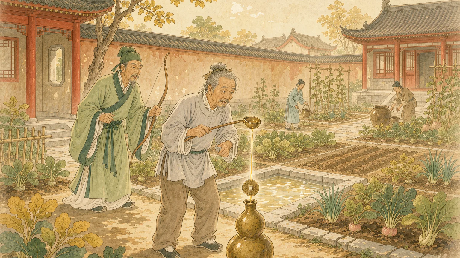 An old oil seller pours oil through a coin on a gourd while a robed archer watches - Chinese idiom story illustration