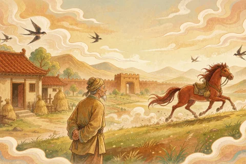 An old Chinese herdsman at a frontier village watching a single strong horse trot away over grassy border hills, warm farmhouses and a low wall gate behind him - illustration for the Chinese idiom sai weng shi ma