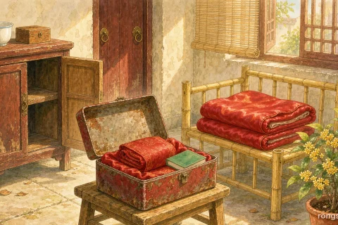 Illustration for a Chinese family life story: a sunlit courtyard of an old county-town house with an open tin box on a wooden stool holding a red cloth bundle and a green passbook, a red quilt folded on a bamboo bed, no people