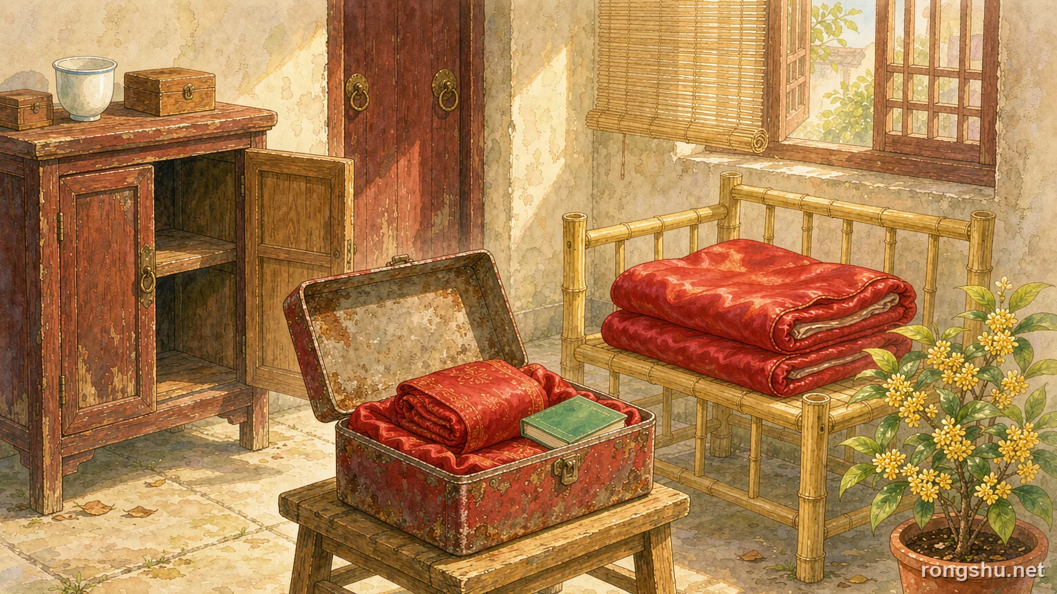 A sunlit courtyard of an old county-town house with an open tin box holding a red cloth bundle and a green passbook - Chinese life story illustration