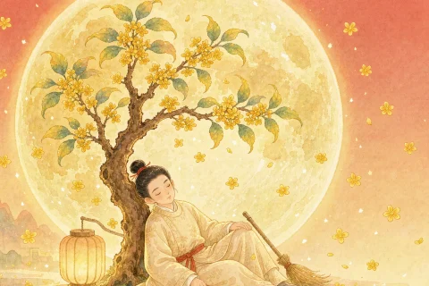 A big warm glowing moon in a soft dusk sky with a large osmanthus tree full of small yellow blossoms, a gentle man in old Chinese clothes asleep against the trunk with a little broom and a paper lantern beside him, yellow petals drifting down - Chinese bedtime story illustration
