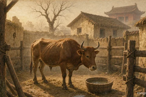 Illustration for a Chinese true crime story: a brown draft ox standing quietly in a village pen of mud wall and wooden rails beside a full bowl of water, warm morning light, with no people