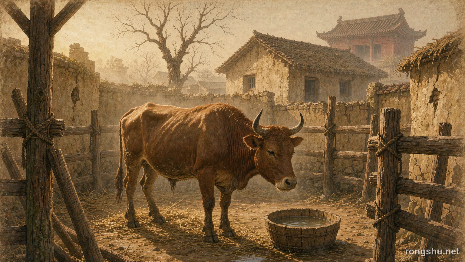 A brown draft ox standing quietly in a village pen beside a full bowl of water - Chinese true crime illustration
