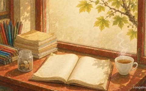 Illustration for a Chinese life story: an old worn keepsake album open on a shop counter with blank pages, a jar of coins, bundles of pens, stacked exercise books and a cup of tea, a plane tree branch outside the window in warm afternoon light, no people