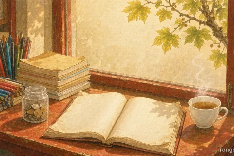Illustration for a Chinese life story: an old worn keepsake album open on a shop counter with blank pages, a jar of coins, bundles of pens, stacked exercise books and a cup of tea, a plane tree branch outside the window in warm afternoon light, no people