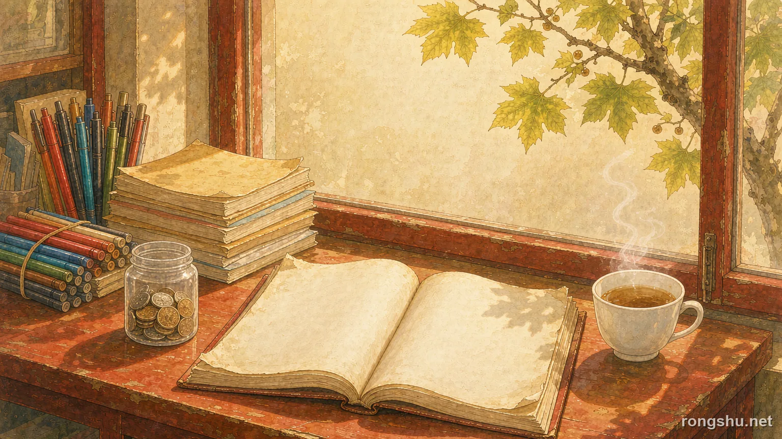 An open worn keepsake album with blank pages on a stationery shop counter in warm afternoon light - Chinese life story illustration