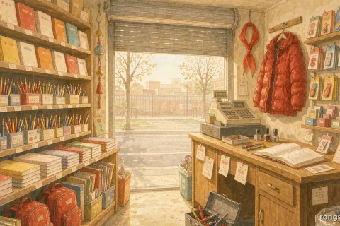 Illustration for a Chinese life story: the inside of a small stationery shop across from a school, shelves of exercise books and pencils, a wooden counter with an open notebook, a red padded jacket on a hook, and an open toolbox with a screwdriver on the floor by the doorway, winter daylight, no people