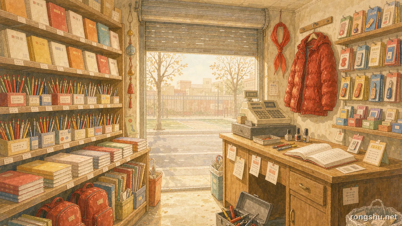 Illustration for a Chinese life story: a warm county town stationery shop with an open credit notebook and a metal toolbox by the door - Chinese life story illustration