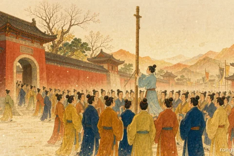 Illustration for a Chinese history story: a crowd of townspeople in ochre and blue robes filling a market square outside a red town gate, a tall wooden pole standing among them, warm golden daylight and distant hills