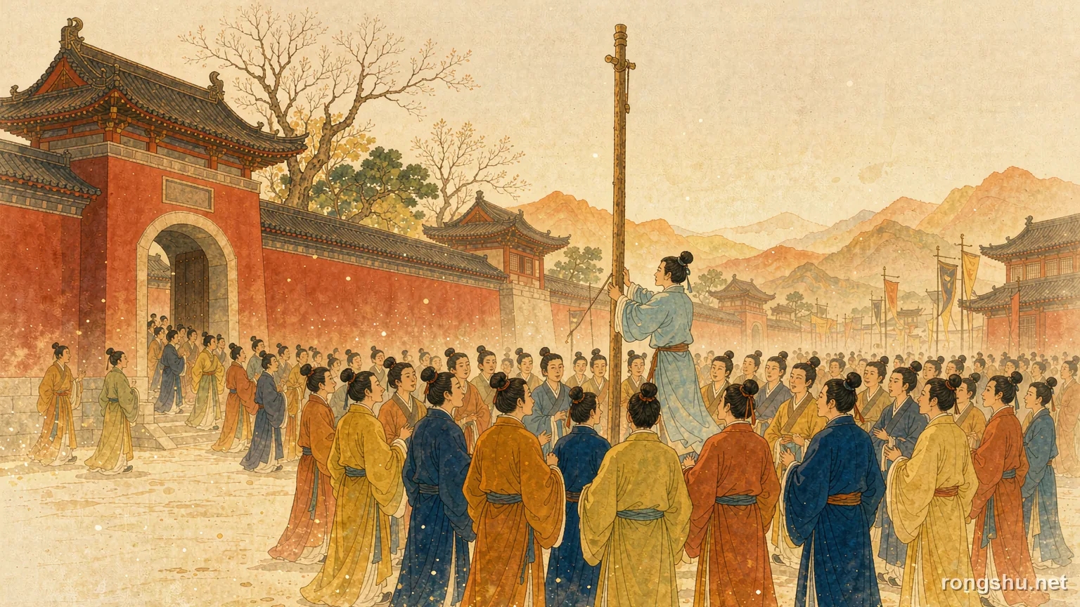 A crowd in a market square around a tall wooden pole outside a red town gate - Chinese history illustration