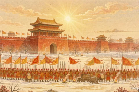 Illustration for a Chinese history story: a Ming dynasty army in red armour drawn up on snow covered ground outside a great city wall in winter, tall brick ramparts and a gate tower behind them and banner flags bent in the wind, all under warm golden sunlight