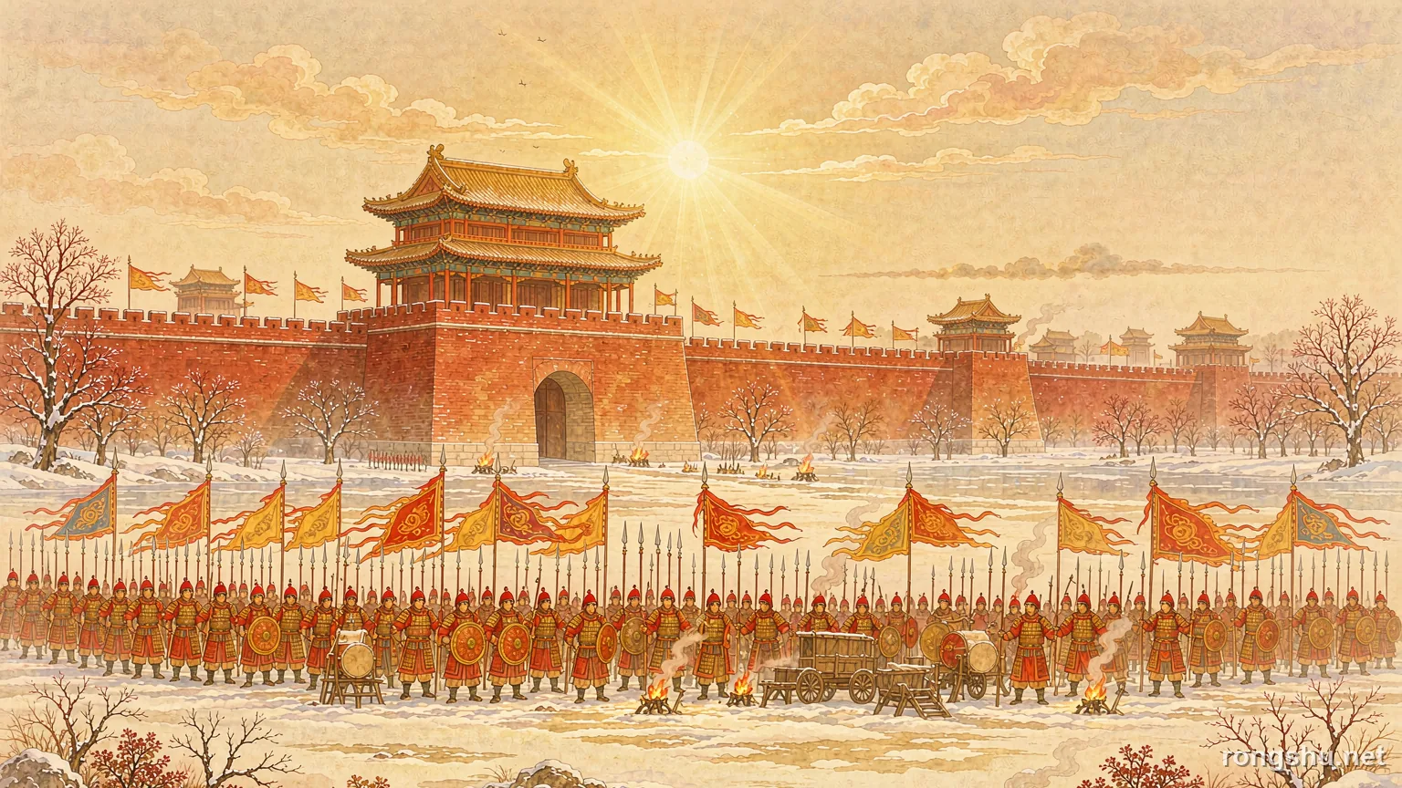 A Ming army in red armour drawn up on snowy ground outside a great city wall - Chinese history illustration