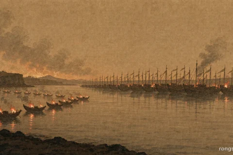 Illustration for a Chinese history story: ten small burning boats driven by wind toward a long row of warships chained bow to stern across a wide river at dusk, firelight on the water, smoke hanging low, banners leaning with the wind