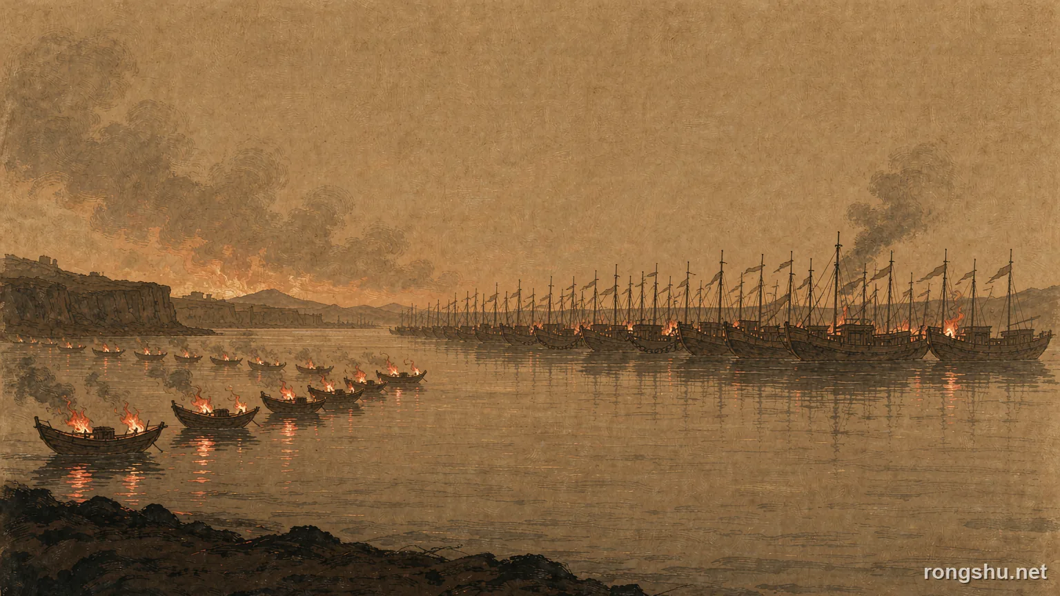 Fire ships driven downwind toward a fleet chained together on the Yangtze at dusk - Chinese history illustration