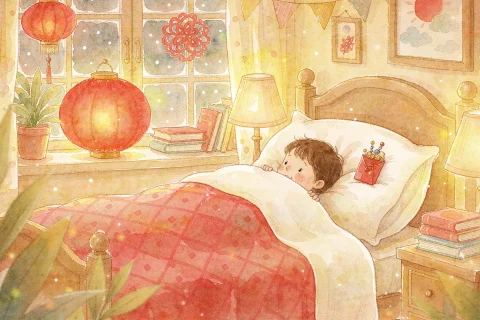 A cosy bright bedroom on New Year night with a small child tucked under a red quilt, a tiny red packet resting under the white pillow, a round red lantern and a red paper cut on the bright window, in warm golden lamplight - Chinese bedtime story illustration