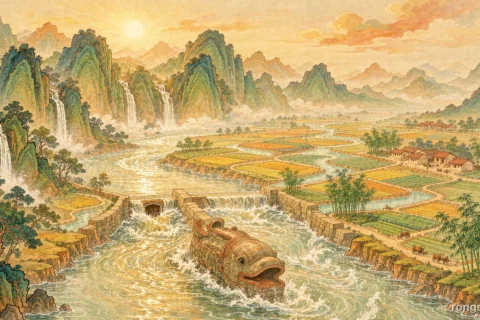 Illustration for a Chinese history story: the Min River coming out of a green mountain gorge into a wide plain, a fish shaped stone embankment splitting the river in two, farmland and canals spreading across the sunlit plain under warm morning light