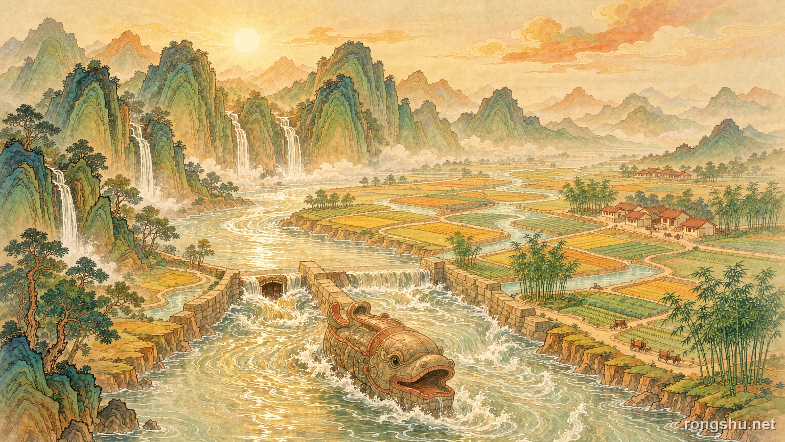 The Min River leaving a mountain gorge with a fish shaped embankment splitting it into two channels - Chinese history illustration