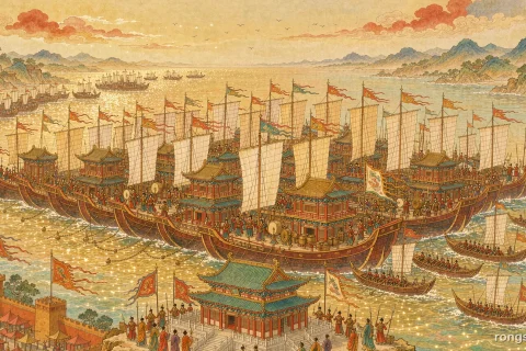 Illustration for a Chinese history story: hundreds of wooden war junks chained into one mass in a bright bay at golden afternoon light, banners on the masts, smaller boats closing in and a tiled pavilion on the shore