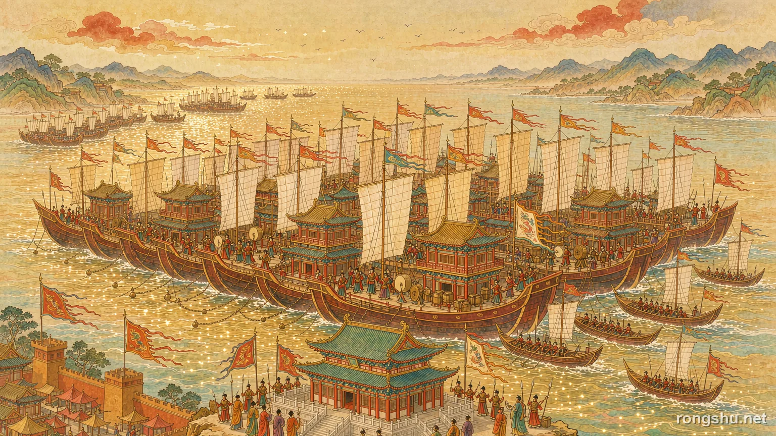 A bay full of chained Song war junks in golden light - Chinese history illustration
