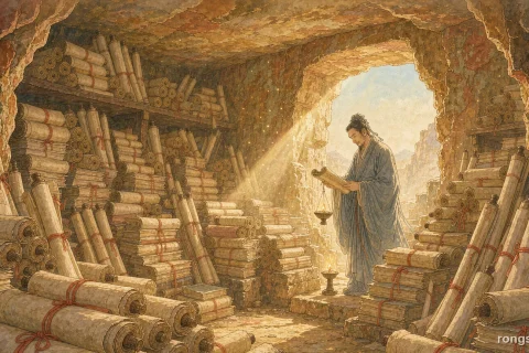 Illustration for a Chinese history story: a small cave chamber stacked to the ceiling with scrolls tied in red cord, a shaft of warm daylight falling through a broken wall on to a robed priest holding a lamp