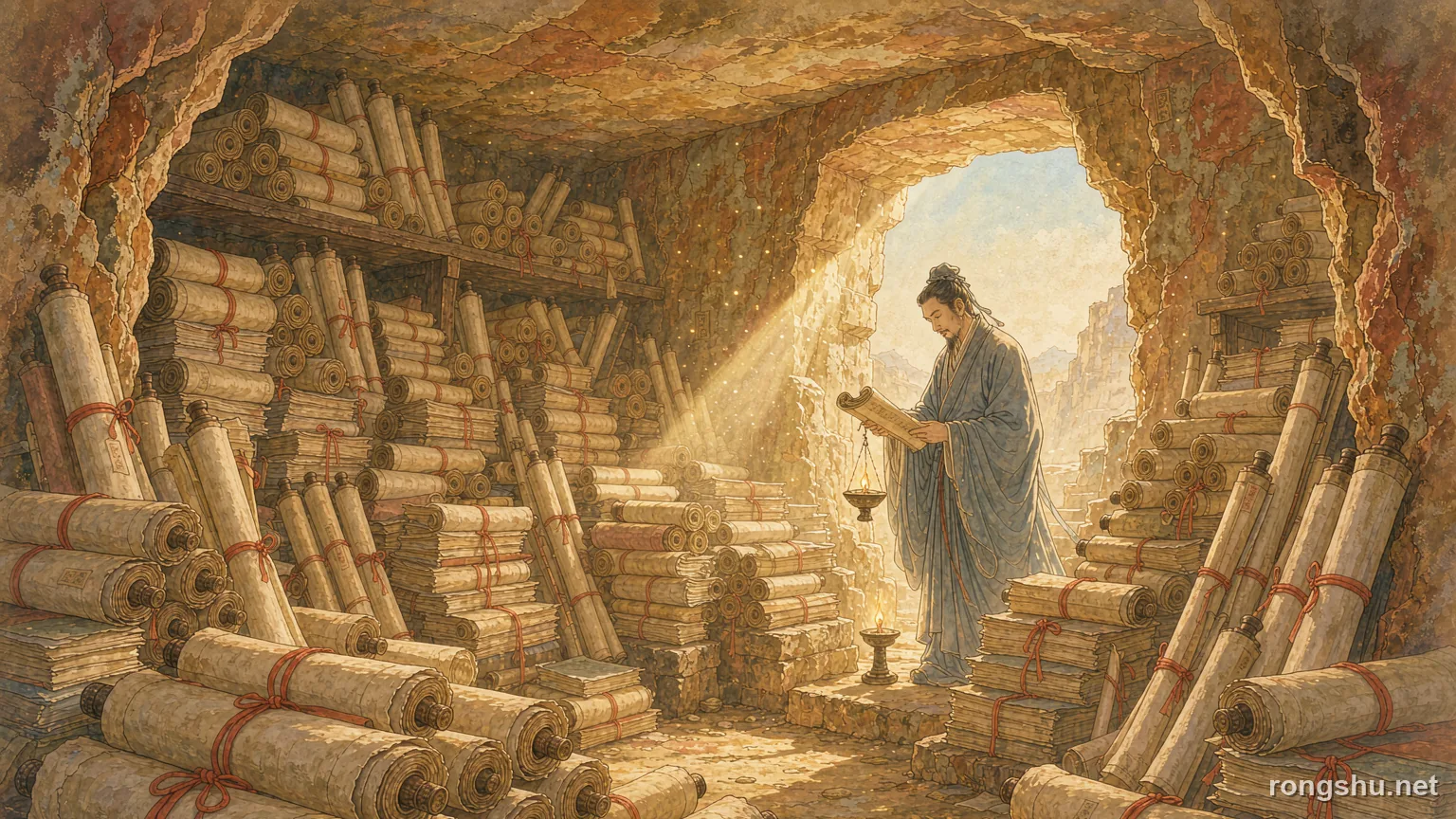 A cave chamber stacked with scrolls tied in red cord, warm daylight falling through a broken wall on to a robed priest - Chinese history illustration