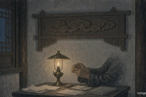 Illustration for a Chinese true crime story: a dim Qing dynasty county office at night, a brass oil lamp on a wooden table, hands in dark sleeves holding a thin silver needle up to the light