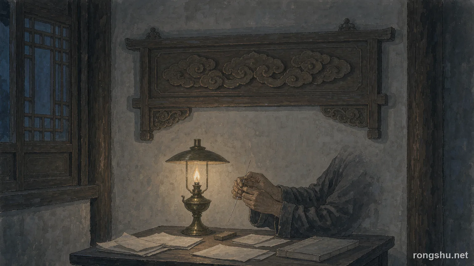 A dim Qing dynasty county office at night with a silver needle held to an oil lamp - Chinese true crime illustration