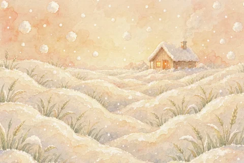 A small green wheat field asleep under a thick warm blanket of bright snow, big soft snowflakes falling, a little cottage with a glowing window in the distance - Chinese bedtime story illustration