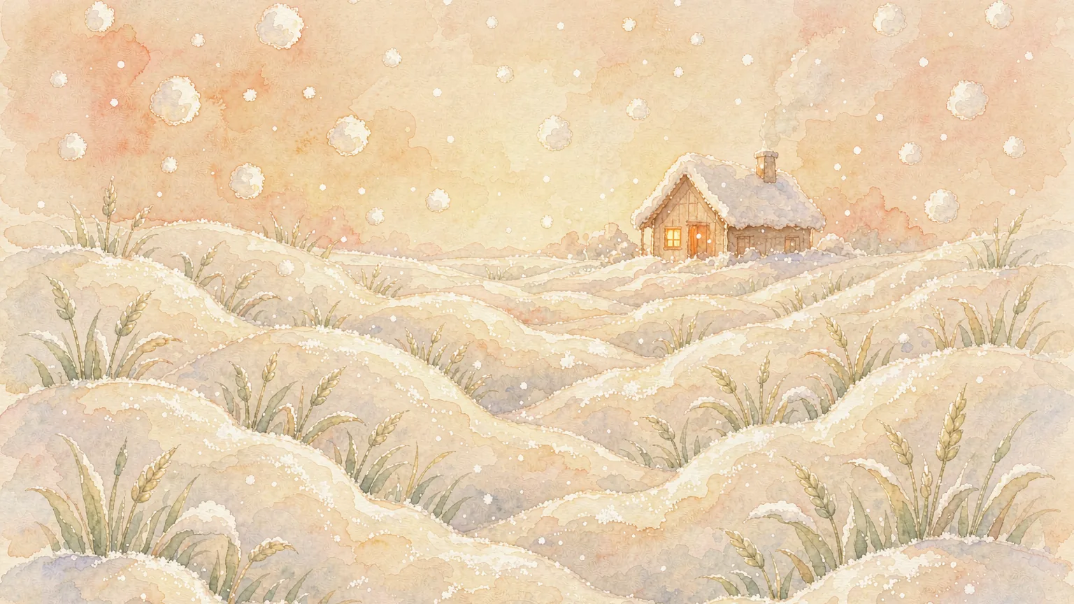 A small green wheat field asleep under a thick warm blanket of bright snow, with big soft snowflakes - Chinese bedtime story illustration