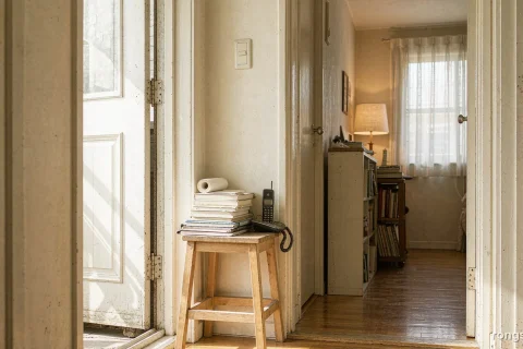 Illustration for a Chinese true crime story: the sunlit entryway of a 2015 Chinese school staff apartment, a low wooden stool holding stacked exercise books, a roll of lesson notes and an old clamshell phone, an open door and a warm lamp beyond, with no people