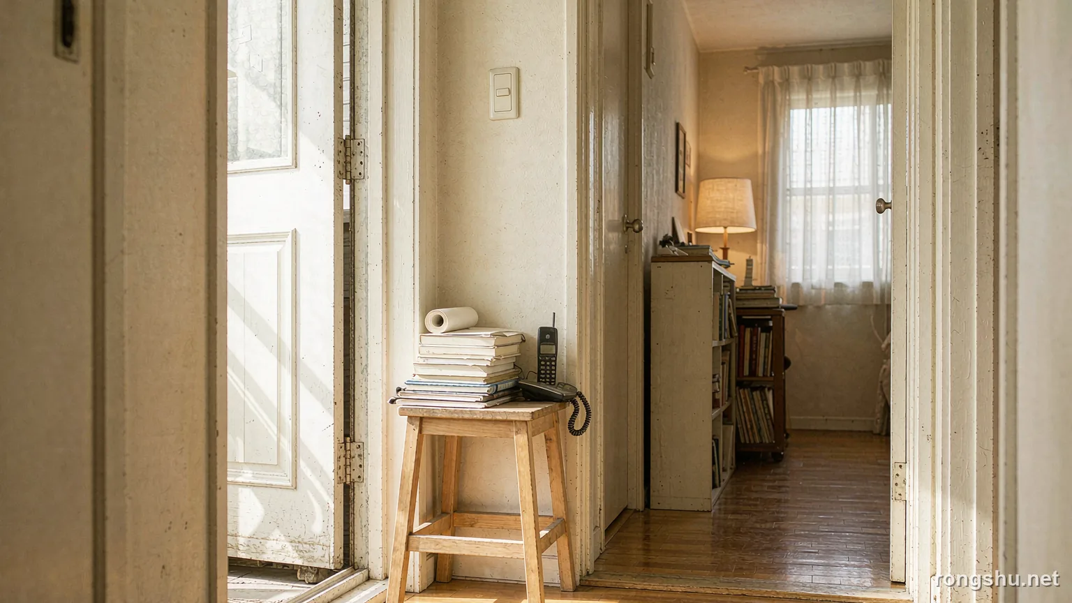 the sunlit entryway of a 2015 Chinese school staff apartment with stacked exercise books and an old phone - Chinese true crime illustration