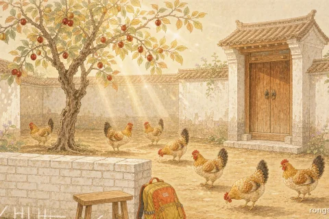 Illustration for a Chinese life story: a sunlit village courtyard with a jujube tree, chickens, a wooden gate, and a low brick wall marked with rows of white chalk tally marks, a small stool and a school bag by the wall