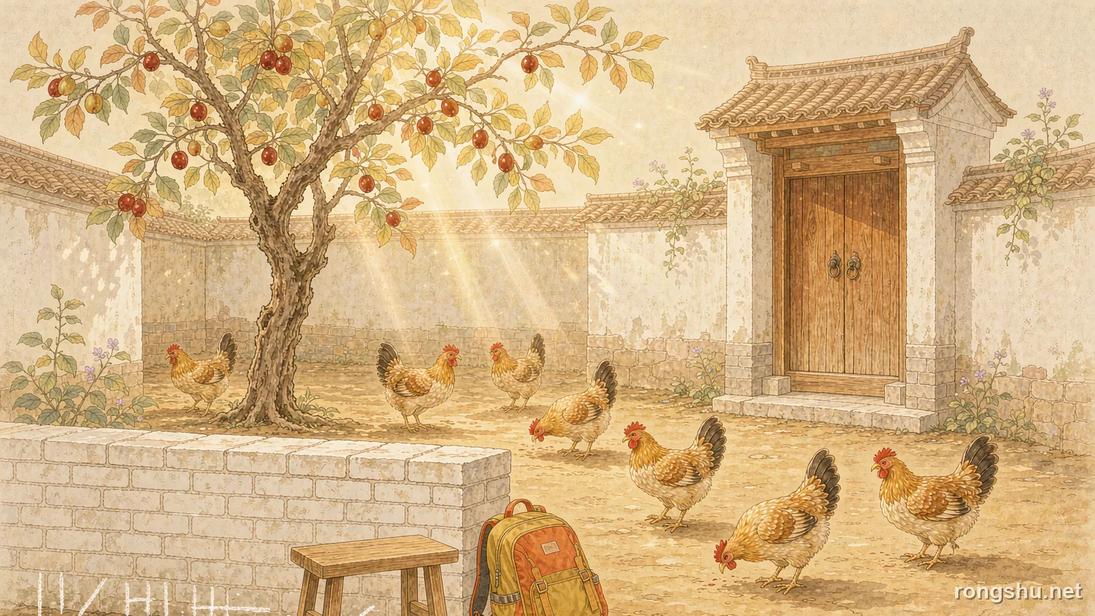 A sunlit village courtyard with a jujube tree, chickens, and a low wall marked with white chalk tally marks - Chinese life story illustration