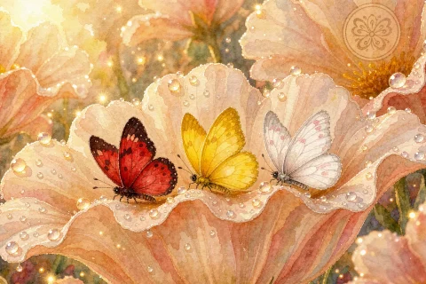 Three butterflies, one red, one yellow, one white, resting together on a big soft flower petal with shining dew drops in a warm bright garden - Chinese bedtime story illustration