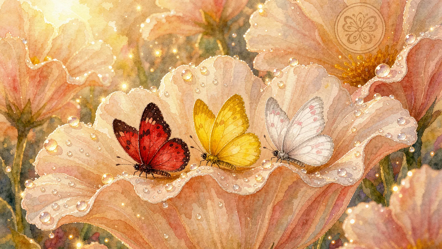 Three butterflies resting together on a big soft flower petal with shining dew drops in a warm garden - Chinese bedtime story illustration