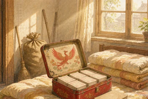 Illustration for a Chinese life story: an old tin box with a red phoenix painted inside the lid, open on a wooden bed and filled with neat stacks of paper train tickets, beside folded quilts, a grain sack by the door and a doorframe marked with pencil height lines, morning sunlight, no people