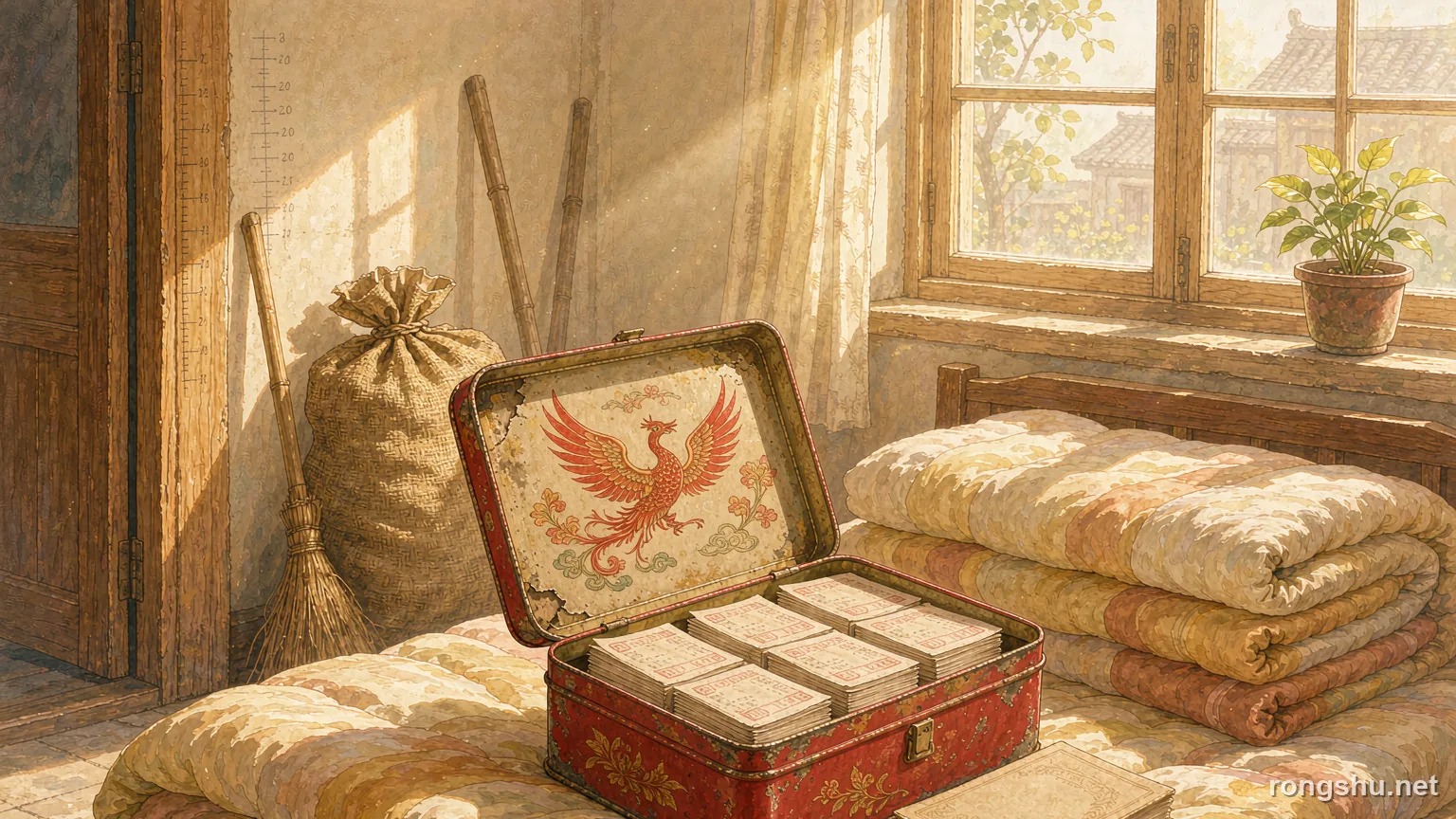Illustration for a Chinese life story: an old tin box of train tickets open on a bed in a warm county town room - Chinese life story illustration
