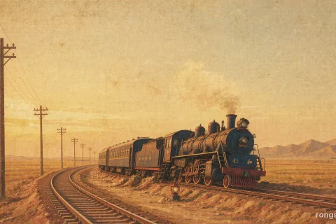 Illustration for a Chinese true crime story: a 1920s steam express halted on a single-track railway curve in open north China fields, blue steel carriages, a signal lamp and telegraph poles, warm morning light, with no people