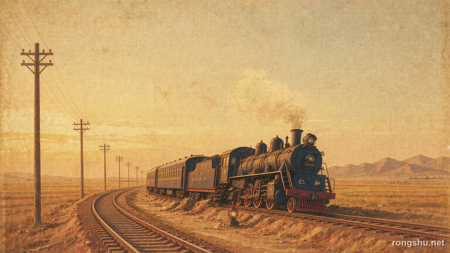 A 1920s steam express halted on a single-track railway curve in open north China fields - Chinese true crime illustration