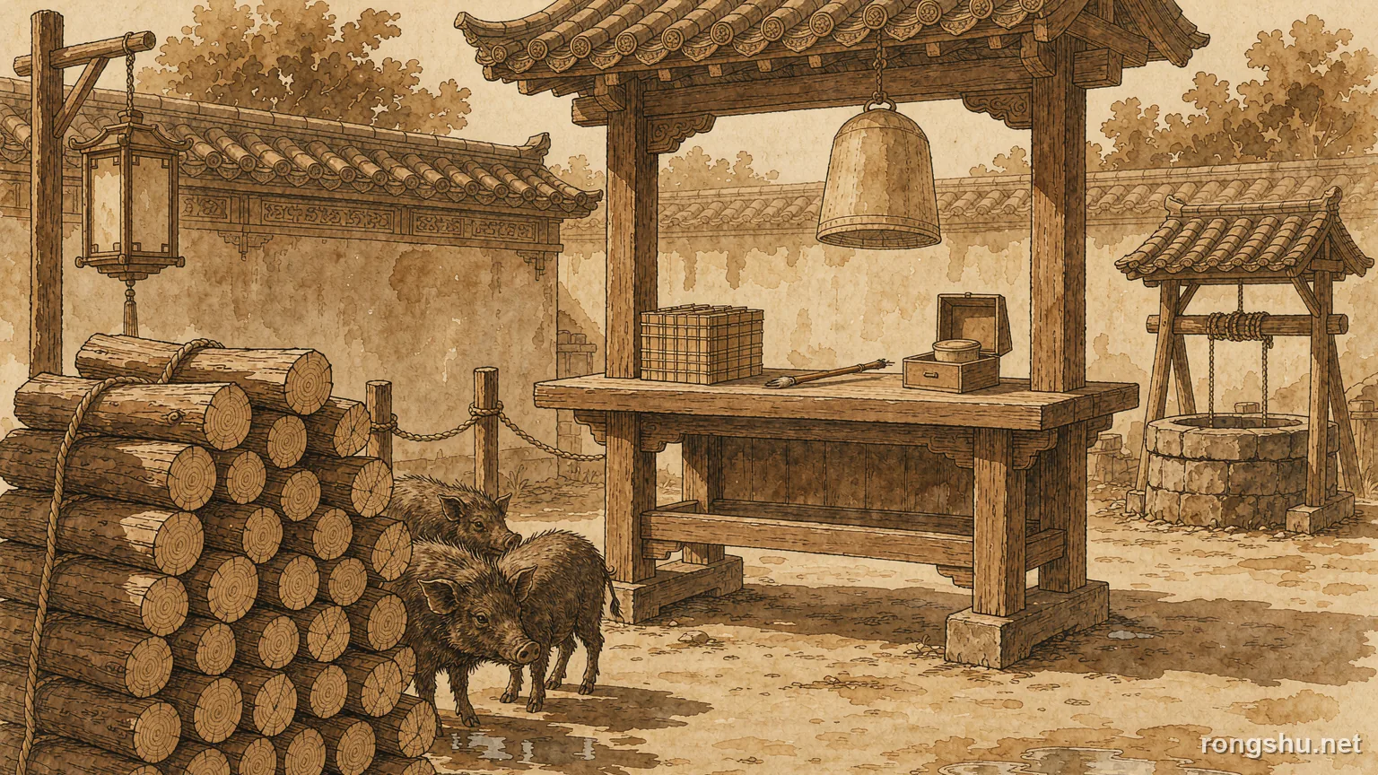 A warm sepia Chinese county courtyard with a stack of firewood, two pigs and a magistrate's bench - Chinese true crime illustration