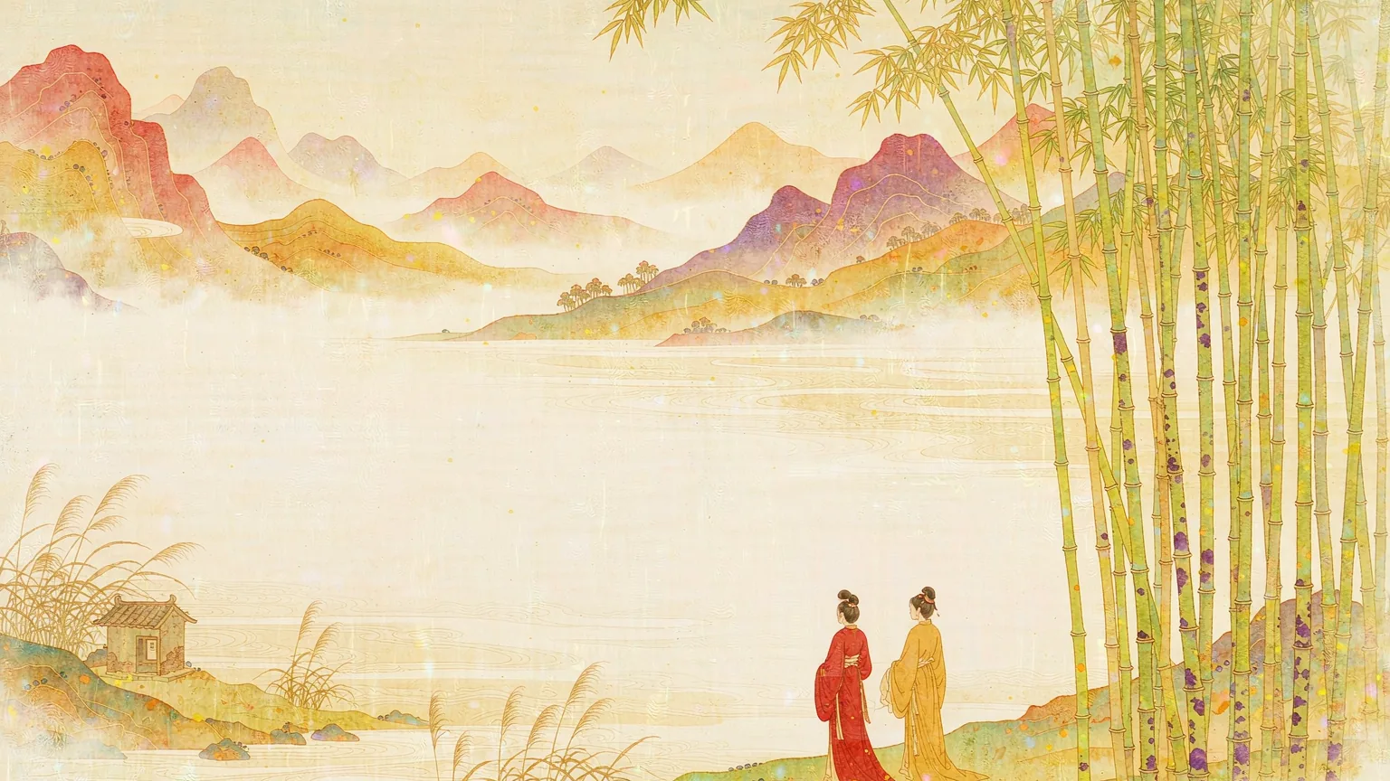Two women in red and yellow robes by a river beside marked bamboo - Chinese mythology illustration