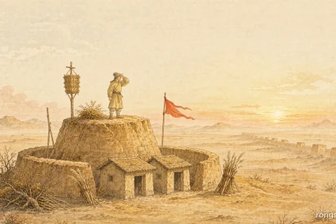 Illustration for a Chinese history story: a small earthen watchtower of the Han frontier on a wide desert plain at sunrise, a lone soldier standing at the top with a hand raised to look north, a ring of low mud walls and three small rooms below, with a stack of brushwood, a grass signal cage, a red banner, and the distant line of the frontier wall running to the horizon