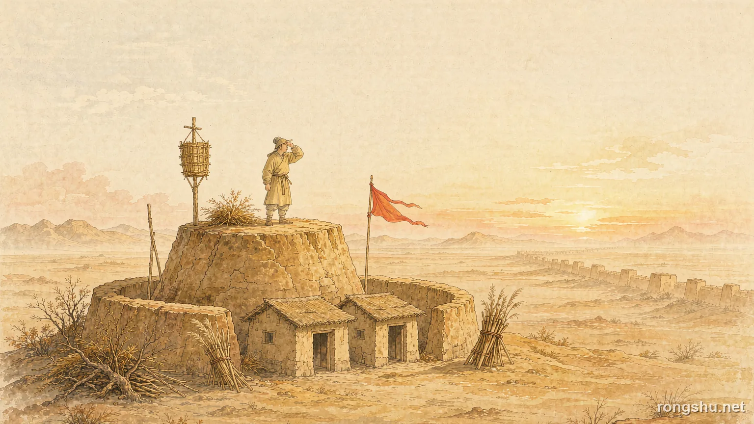 A Han frontier earth watchtower at sunrise with a lone soldier looking north, warm golden light - Chinese history illustration